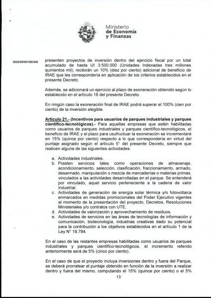 Hoja 13/15 del decreto MEF 172 de 30 de setiembre 2020